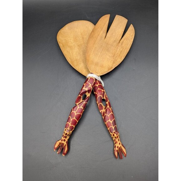Giraffe Salad Serving Set African Hand Carved Wooden Large Fork and Spoon 12" - Picture 1 of 9
